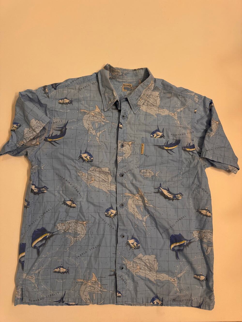 Men's Columbia Swordfish Short Sleeve Fish Pattern Shirt Size XL Nautical Blue